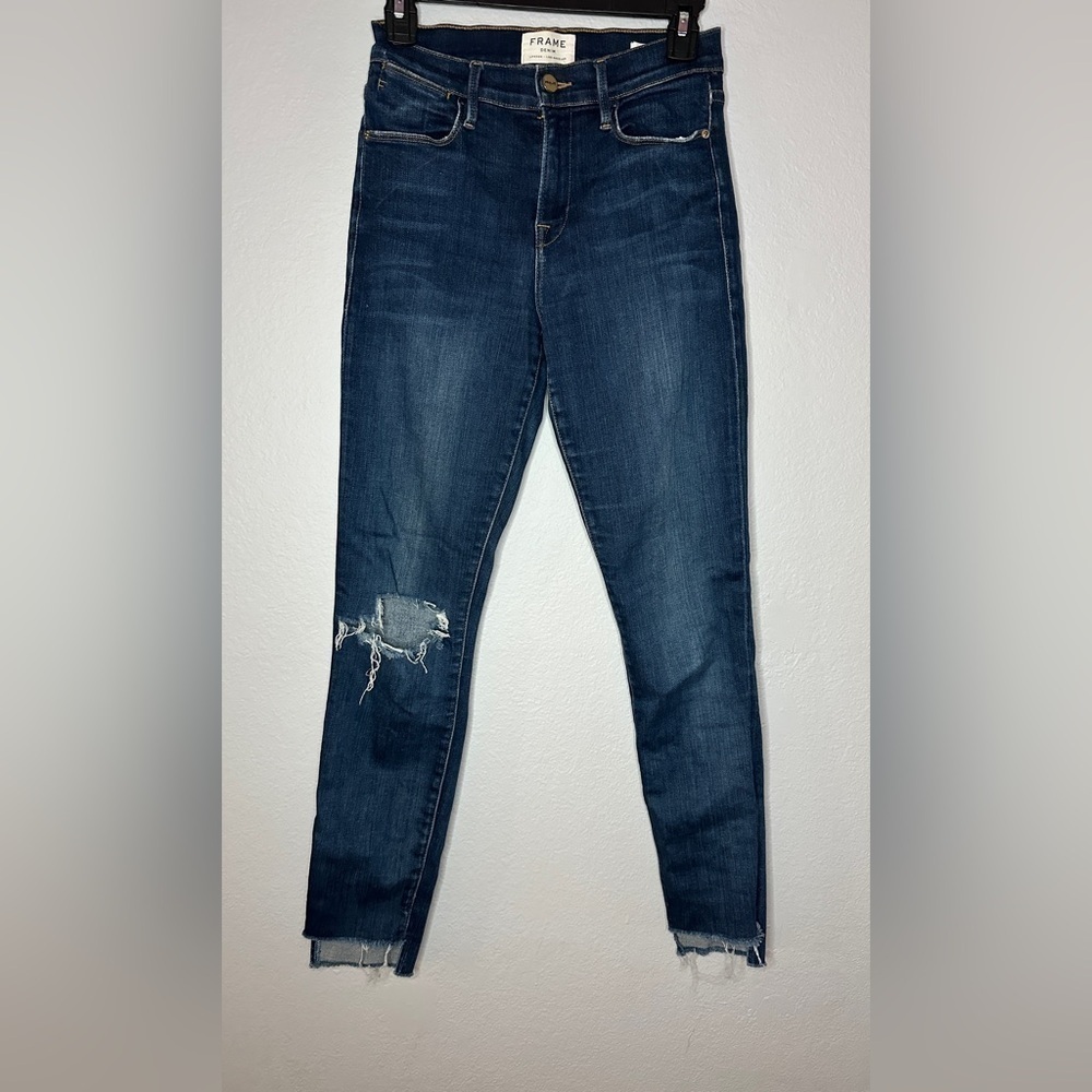 FRAME Denim - Le High Distressed Skinny Jeans with Raw Hem - Size 25
